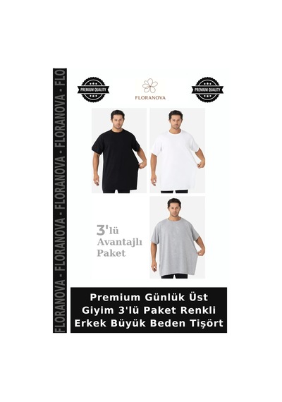 Floranova Premium Günlük Üst Giyim 3'lü Paket Renkli Erkek Büyük Beden Tişört Beyaz Siyah Gri