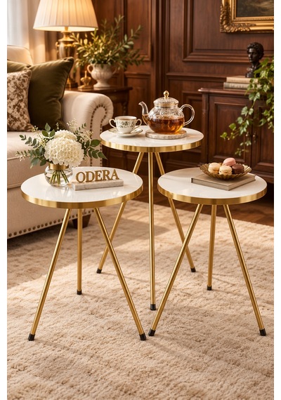 Odera Beyaz Yuvarlak Zigon Sehpa 3'lü Set Metal Ayaklı Modern Salon Sehpası