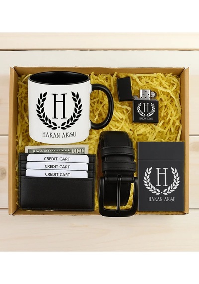 Bk Gift Kişiye Özel İsimli Siyah Kupa & Kartlık Cüzdan & Kemer & Sigara Kutusu & Çakmak Hediye Seti-1 Babalar Günü Hediyesi, Erkeklere Özel Hediye K