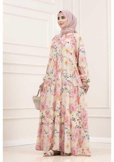 Sevitli Esin Yarım Düğme Robalı Elbise-pembe-5900