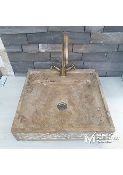Noche Traverten Rustik Kare Lavabo - Batarya Çıkışlı