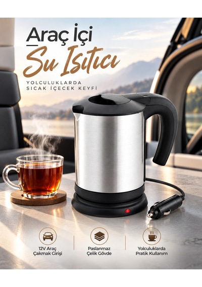 Araç İçi Kullanıma Uygun 12v Elektrikli Su Isıtıcı Paslanmaz Çelik Gövdeli Pratik Kettle