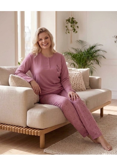 Eyfuze Kadın Kışlık Büyük Beden Curve Nakışlı Desenli Yakası Düğmeli Uzun Kollu Pijama Takımı Pembe