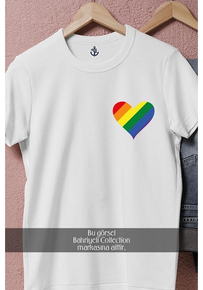 Oversize Lgbt Heart Cep Tasarımlı Unisex T-shirt Beyaz