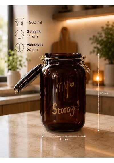 Morponi 3'lü Lüks Amber Klipsli Vakumlu Kapaklı Cam Kare Erzak Kavanozu Seti 1500 Ml