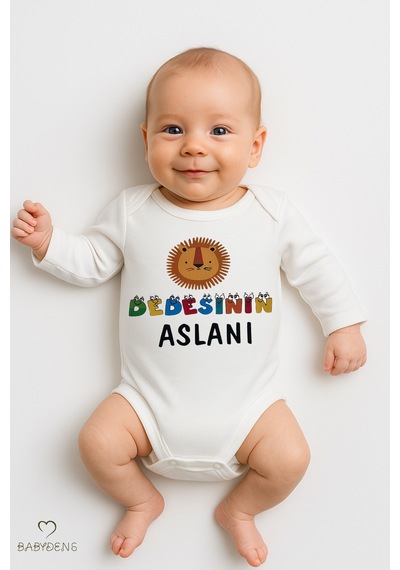 Babyden's Dedesinin Aslanı Yazılı Uzun Kollu Bebek Zıbını %100 Pamuk Çıtçıtlı Body Beyaz