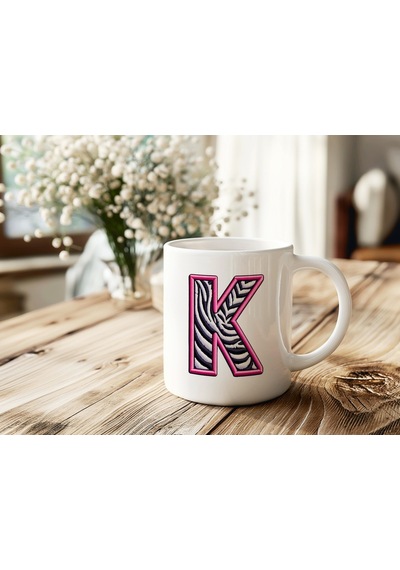 K Harfi Zebra Deseni Ve Pembe Kenarlı Kupa Bardak - Kişiye Özel Nakış Efektli - Siyah Beyaz Pembe Beyaz