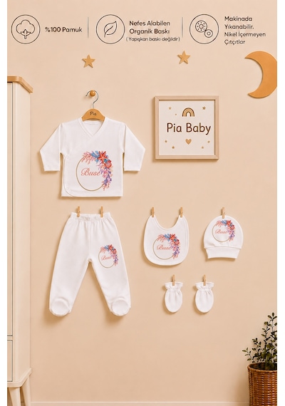 Pia Baby İsme Özel Kız Bebek Hastane Çıkışı 6'lı Set %100 Pamuk Organik Baskılı Battaniyeli Zıbın Seti 1037bz3x Ekru