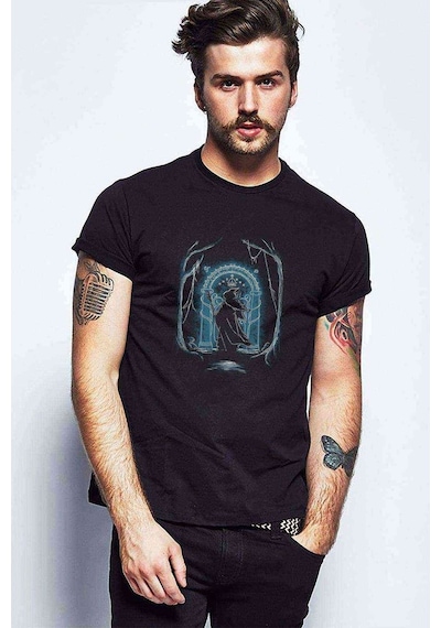 Of The Rings Speak Friend Metal Baskılı Siyah Erkek Tshirt
