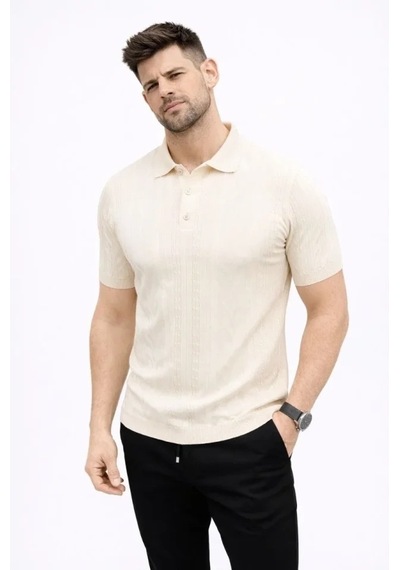 Erkek Yazlık Triko Tişört Kısa Kol Polo Yaka Düğmeli T-shirt - Krem