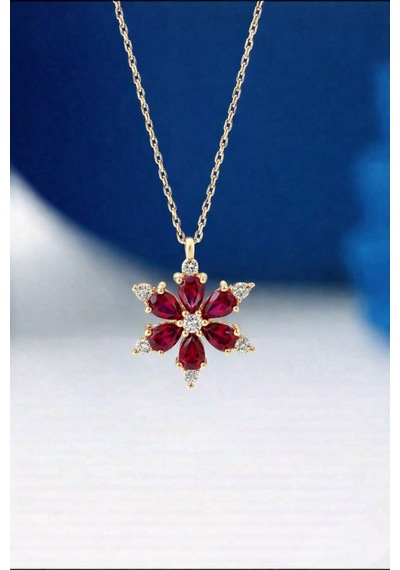 Çekirdekjewelry 925 Ayar Gümüş Kırmızı Taşlı Kamelya Çiçeği Kolye Sarı Kırmızı