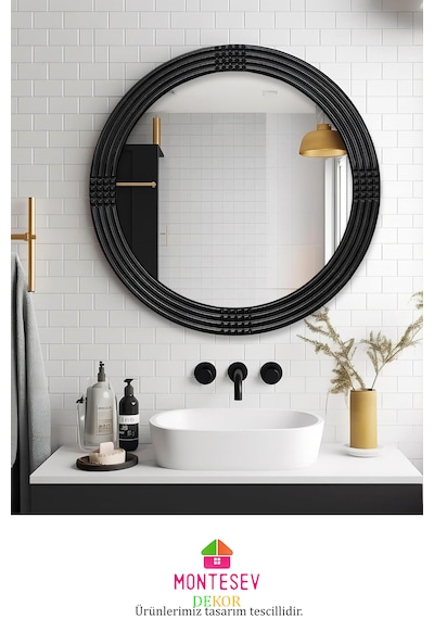 Safir Ahşap Siyah Yuvarlak Ayna Işlemeli Duvar Banyo Aynası 43 Cm Siyah