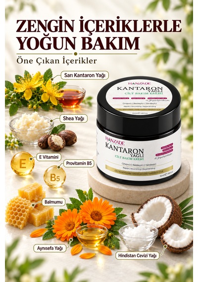 Hanzade Bitkisel Kantaron Yağlı Krem 50 Ml Nemlendirici Yüz, El Ve Vücut Bakım Kremi, E Vitaminli