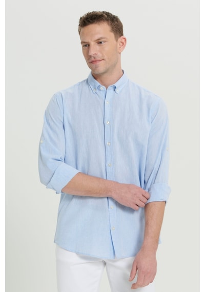 AC&Co / Altınyıldız Classics Erkek Comfort Fit Rahat Kesim Düğmeli Yaka Casual Keten Gömlek Açık Mavi