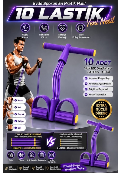 0 Lastikli Spor Aleti Body Trimmer Pilates Direnç Lastiği Karın Kol Bacak Ve Tüm Vücut Çalıştırıcı Pedallı Fitness Spor Aleti Yeni Nesil Mor