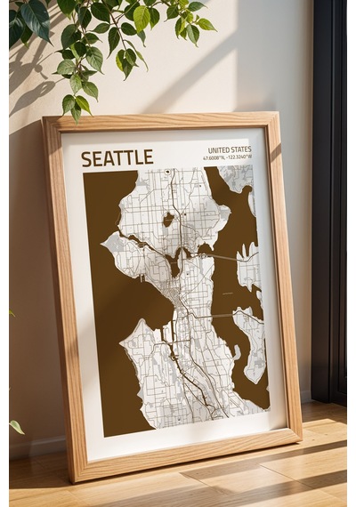 Seattle Abd Haritası Çerçeveli Tablo Lüks Salon Ofis Duvar Dekorasyonu Hediyelik Tablo Kayın