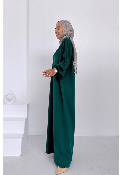 Kahijab Balon Kol Merserize Elbise - Zümrüt Yeşil