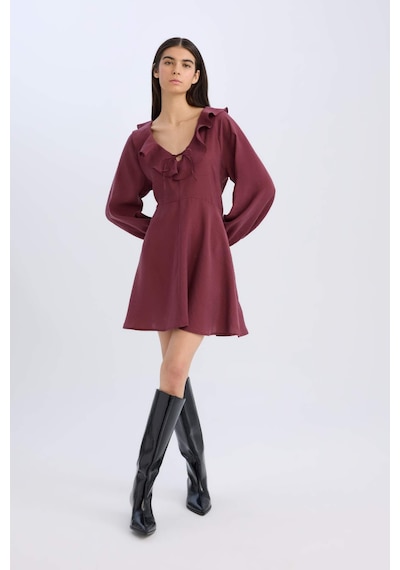 DeFacto V Yaka Basic Düz Modal Uzun Kollu Mini Elbise E4213AX24WNBR98 Bordo