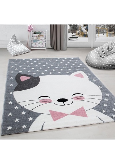 Sevimli Kedi Ve Yıldız Desenli Çocuk Halısı Gri-pembe-beyaz