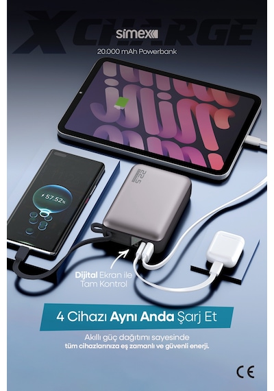 Simex 20.000 Mah 22.5w Hızlı Şarj Pd Powerbank Kendinden Kablolu Ve Dijital Göstergeli Taşınabilir Cihazı Standart