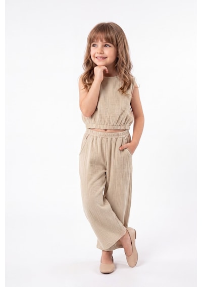 Mnk Baby & Kids Kız Çocuk Pamuklu Müslin Rahat Takım M00826 Kahverengi