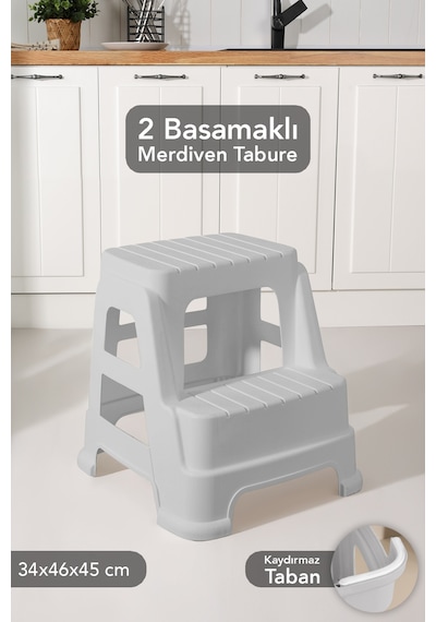 Büyük Boy 2 Basamaklı Merdiven Tabure - Kaydırmaz Tabanlı Çok Amaçlı Basamak Tabure Gri