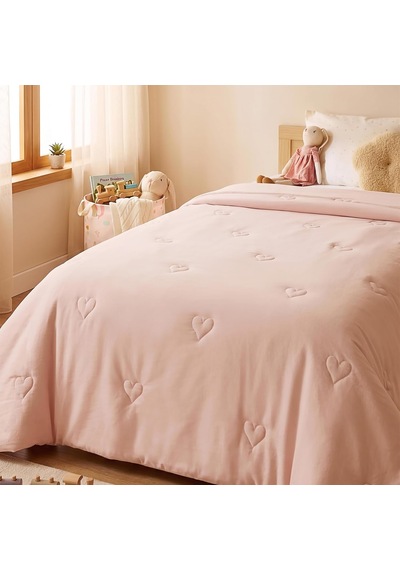 %100 Pamuk Penye Pembe Kalp Nakışlı Çocuk Tek Kişilik Çok Amaçlı Örtü 155 X 215 Cm Diğer