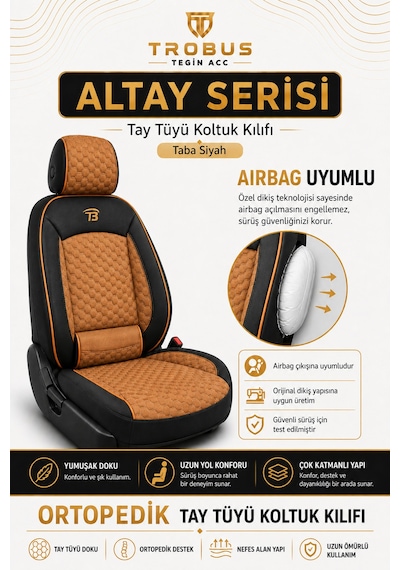 Mercedes E 2013 Ve Sonrası Uyumlu Altay Bel Destekli Tay Tüyü Taba Siyah Koltuk Kılıfı Taba Siyah