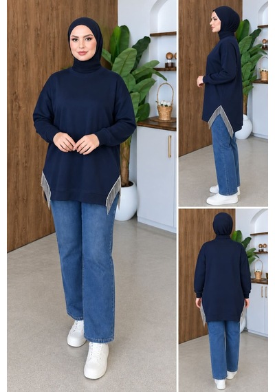 Aymiraa Kadın Püskül Detaylı Rahat Kalıp Tesettür Sweatshirt Tunik Lacivert Lacivert
