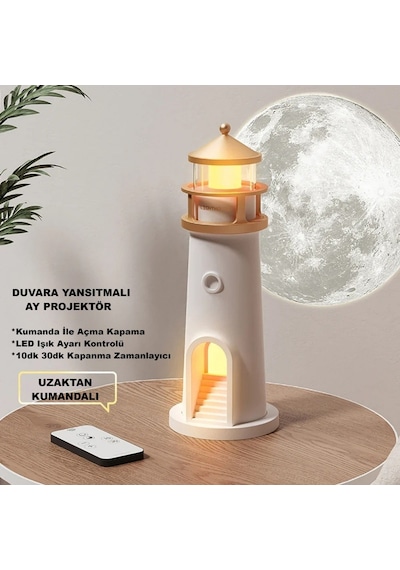 Hymark Deniz Feneri Projektör Ay Led Gece Lambası Kumandalı Kısılabilir Zamanlama Krem Üzeri Gold Patineli
