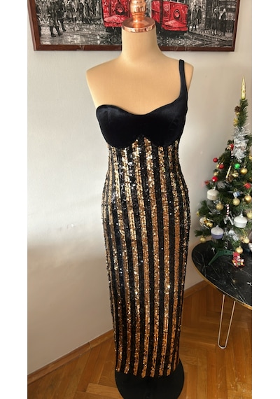 Chica Rosa Fashion Pullu Kloş Kısa Elbise Altın - Siyah