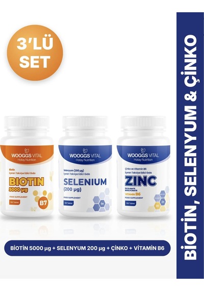 Hotay Nutrition Wooggs Vital Biotin 5000 Mcg + Selenyum 200 Mcg + Çinko Pikolinat Bisglisinat B6 120 Tablet 3'lü Set