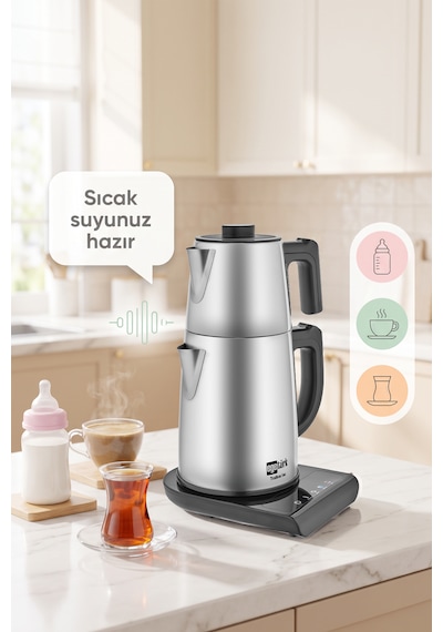 Teadem Vox Konuşan Dokunmatik Çay Makinesi Mama Suyu Hazırlama 1850w 1.7l Kettle 1.2l Demlik Inox