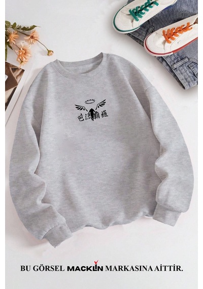 Macklin Unisex Kadın Erkek Team Walhalla Özel Tasarım Baskılı Bisiklet Yaka Sweatshirt Gri Mck1315 Gri