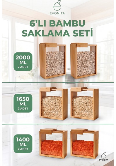 Bambu Kapaklı Erzak Bakliyat Saklama Kabı Mutfak Organizer Tekli Saklama Kutusu 3 Boy 6 Parça Renkli