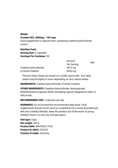Weider Creatine Hcl - 150 Caps - 50 Servis