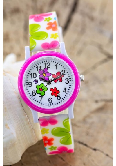 Çiçek Desenli Pembe Kız Çocuk Kol Saati Analog Saat St-304421 Beyaz
