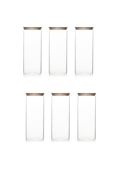 4-3 Bambu Vakumlu Kapaklı Yuvarlak Borosilikat Cam 6lı Kavanoz Seti Saklama Kabı 2100ml 10x30cm Diğer