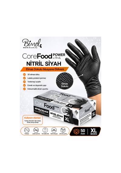 Corefood Nitril Siyah Eldiven Ekstra Kalın Xl Beden Power 3d Elmas Dokulu 1000 Adet Koli