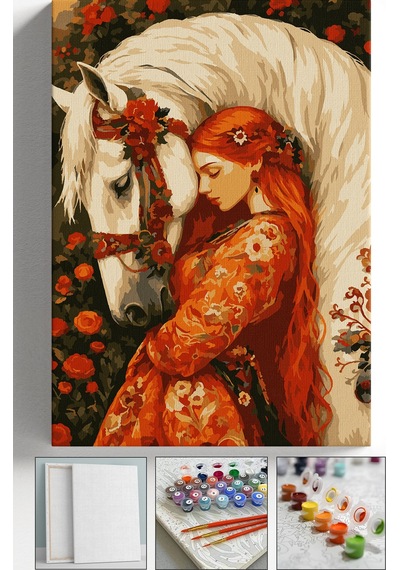Sayılarla Boyama Seti Numaralı Tuval Fırça Boya Askı Aparatı Dahil Set 40x50 Cm - Turuncu At Ve Kadın