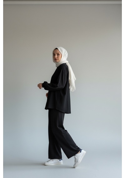 Stilkusagi Kadın Vizon Ön Bağlamalı Bürümcük Kimono Pantolon İkili Takım siyah