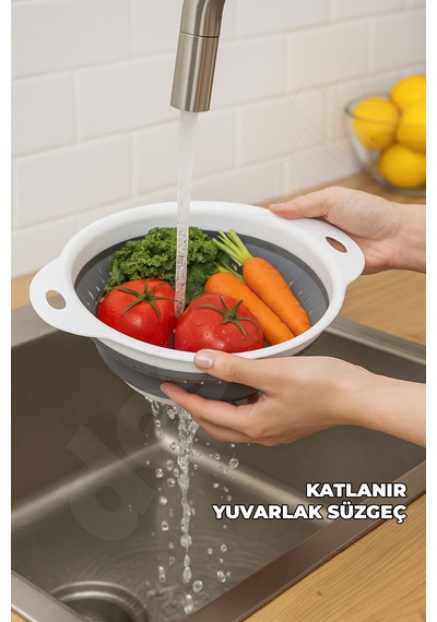 Yer Kaplamaz Katlanır Yuvarlak Süzgeç - Katlanabilir Yuvarlak Yıkama Süzgeci - Akordiyon Süzgeç Beyaz - Gri