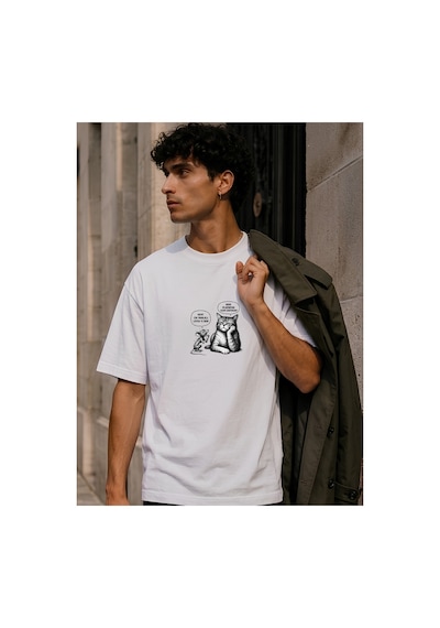 Qmen Style Unisex Beyaz Oversize Baskılı T-shirt Espirili Kedi Baskılı %100 Pamuk