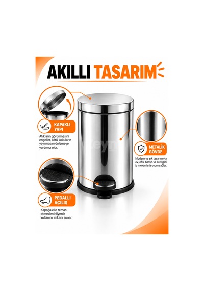16 Litre Pedallı Metal Çöp Kovası Kapaklı Mutfak Ve Ofis Çöp Kovası