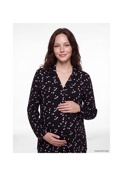 Lcw Dream Siyah Gömlek Yaka Kalp Baskılı Hamile Pijama Takımı