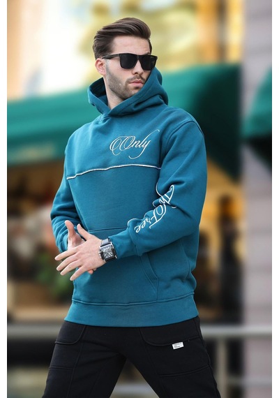 Madmext Petrol Mavisi Kapüşonlu Şerit Detaylı Baskılı Erkek Sweatshirt 7091 Petrol Mavisi