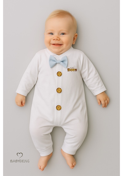 Babyden's Mini Boss Papyonlu Erkek Bebek Tulum Düğmeli Tasarım, Uzun Kollu Yenidoğan Tulumu Açık Mavi
