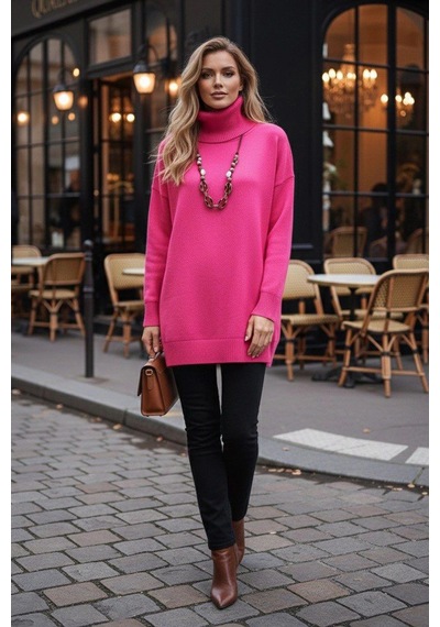 Asprin Fashion Degaje Yaka Triko Bluz Beyaz Pembe + Hediye Kolye Pembe