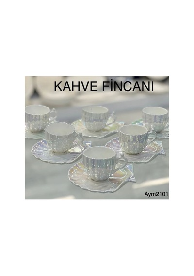 6 Kişilik Sedefli Porselen İncili Fincan Seti Beyaz