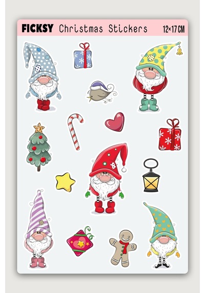 Sevimli Yılbaşı Cücesi Yeni Yıl Temalı Sticker Seti - 15 Adet Etiket Çıkartma Diğer